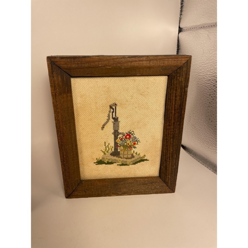 Vintage Wood Framed Cross Stitch Well and Flowers Wall Decor 8x7.5